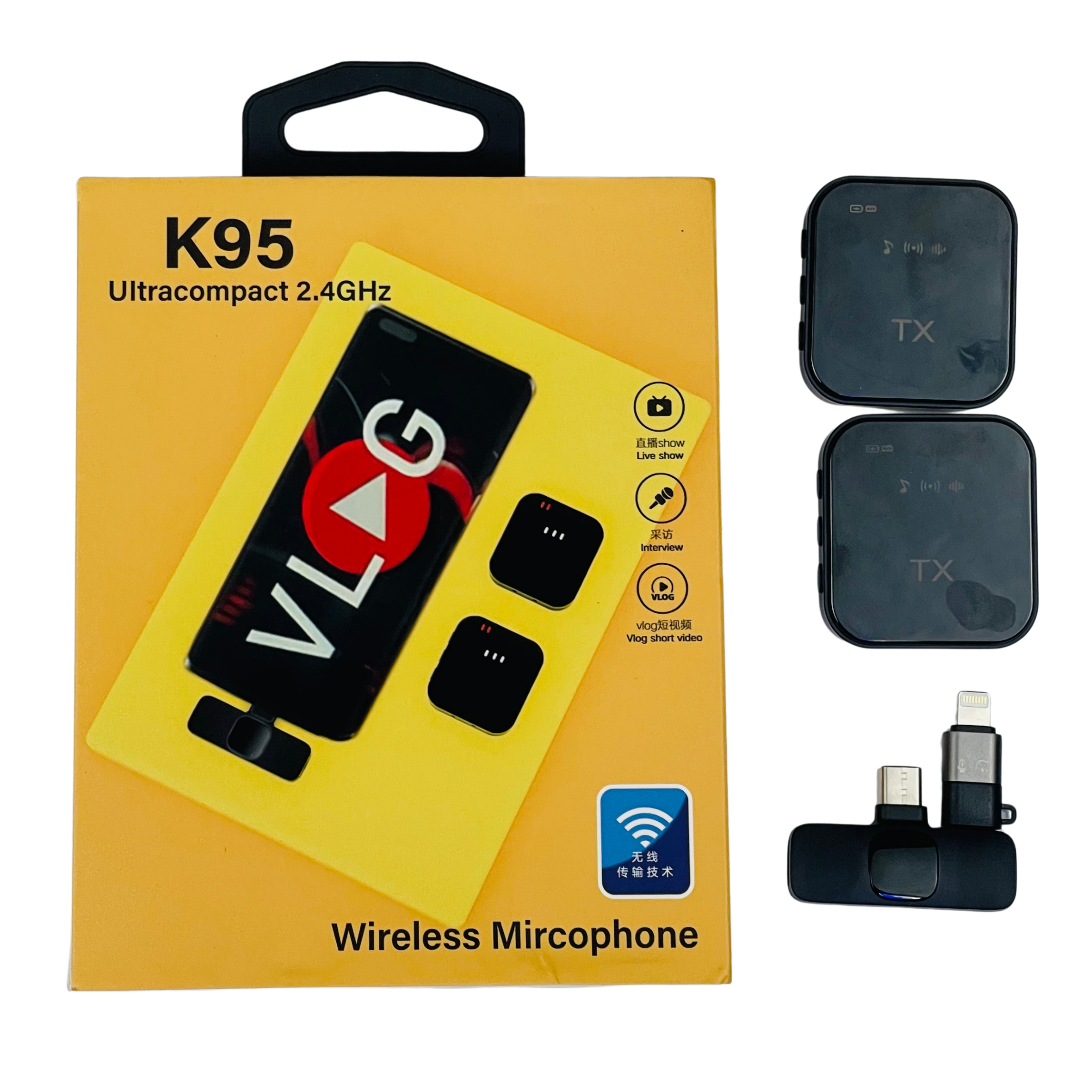 K95, 3-in-1 Wireless Dual Lavalier Microphone – Clip-On Mics for Smartphones