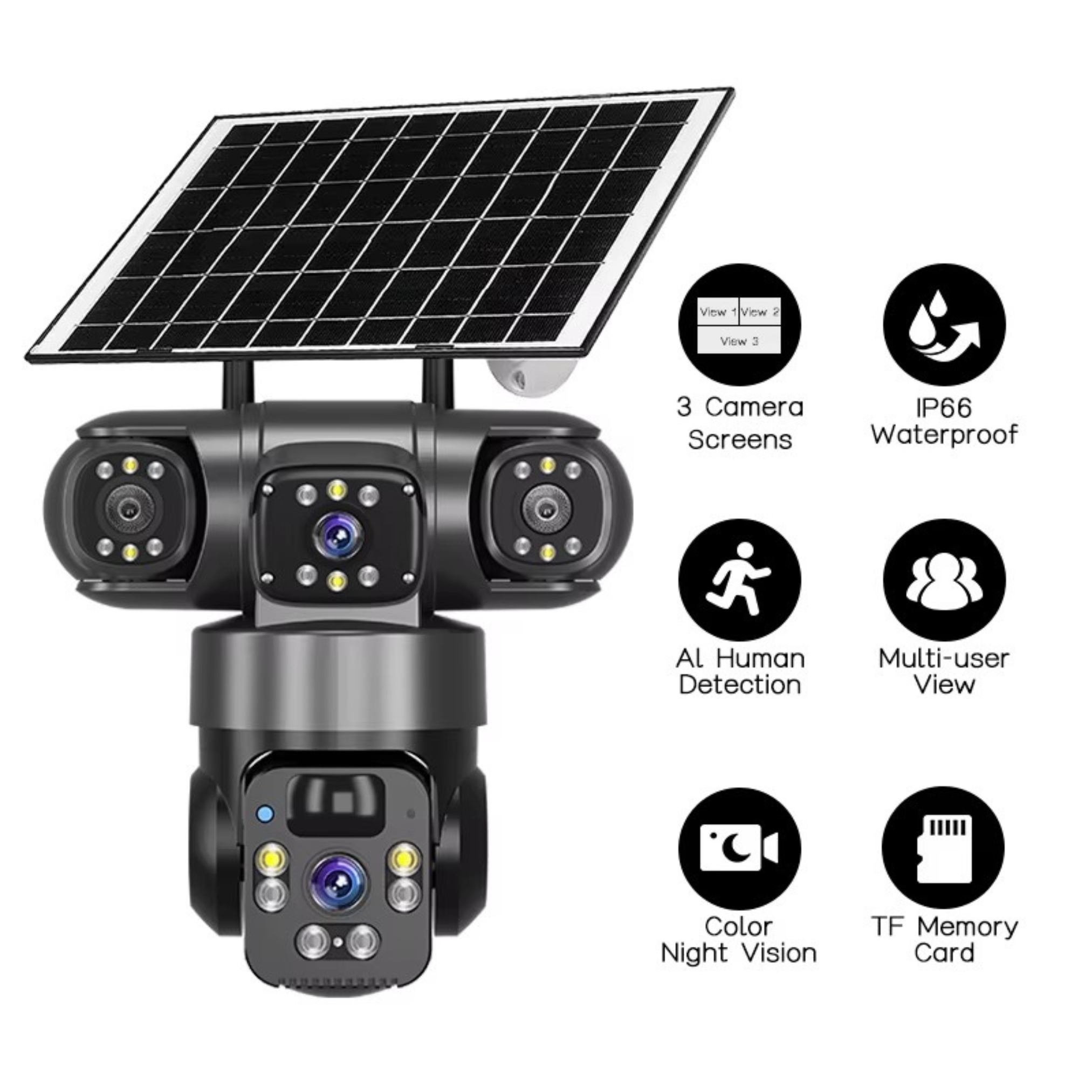 Smart 4G, 6MP 3-Lens Solar Security Camera – Wireless Outdoor CCTV with Smart App & Motion Alerts (Copy)