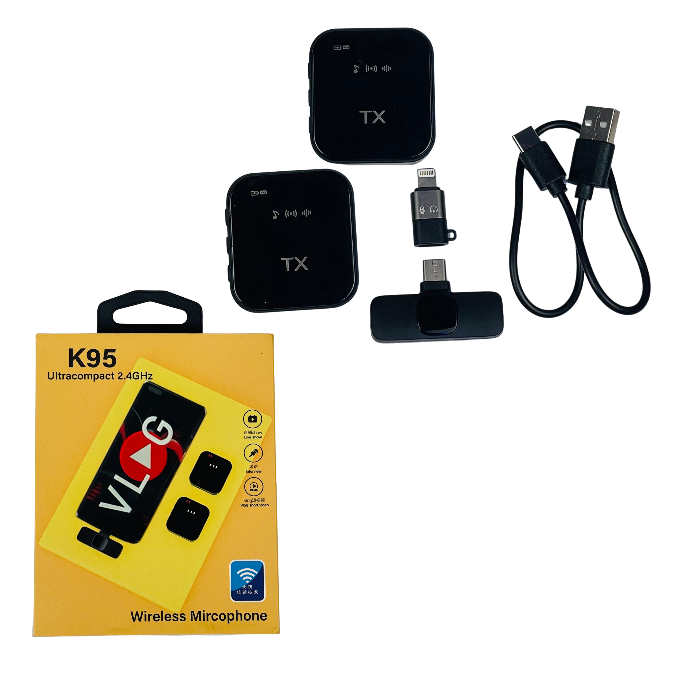 K95, 3-in-1 Wireless Dual Lavalier Microphone – Clip-On Mics for Smartphones